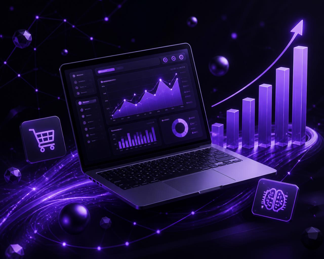 Dashboard digital con gráficas de crecimiento, ecommerce e inteligencia artificial